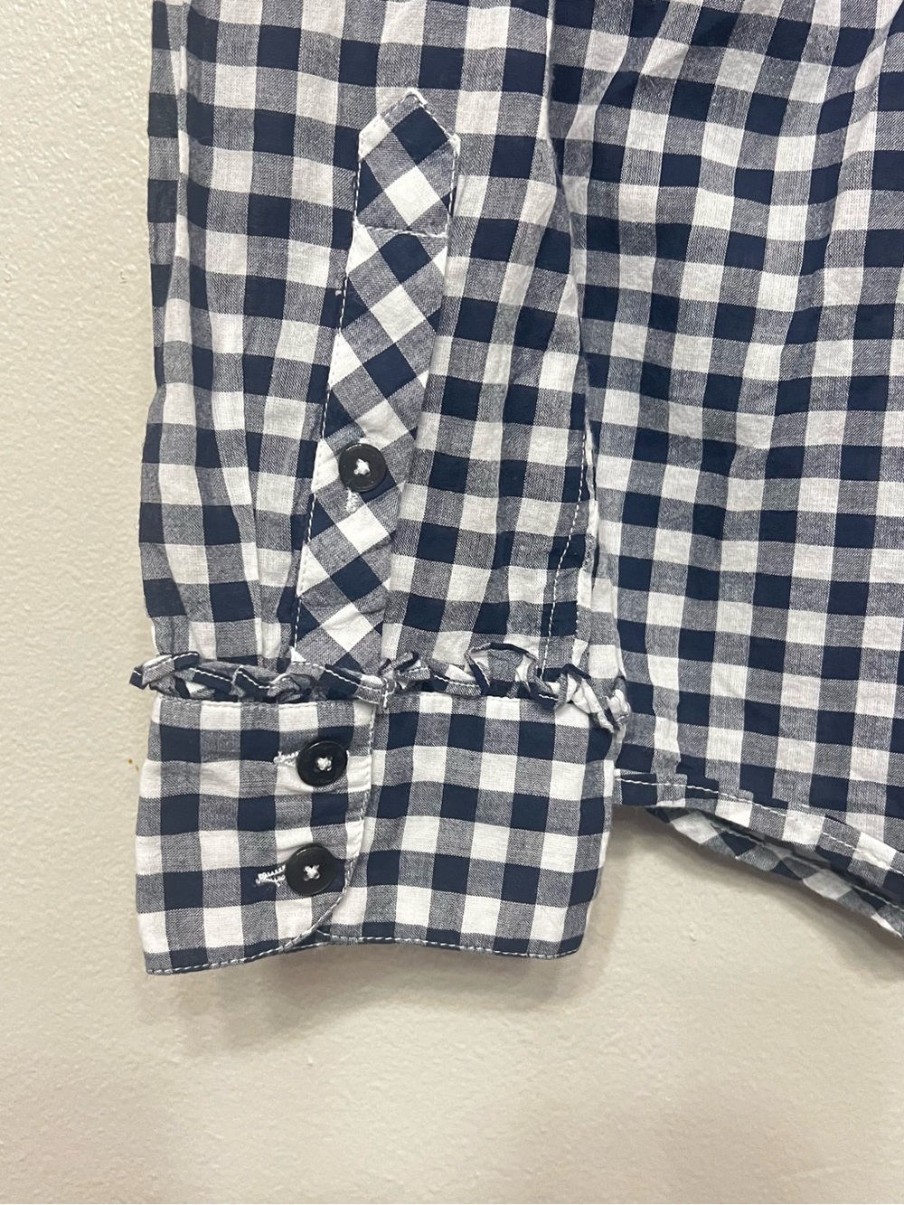 Draper James Navy White Gingham Button Down Shirt Ruffle Coastal Eurosummer - Picture 8 of 8